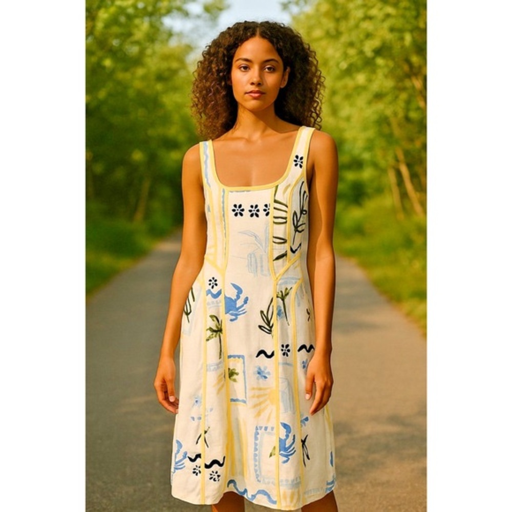 Caroline Constas "Persephone" Linen Dress Blue Yellow Sleeveless Fit Flare Midi